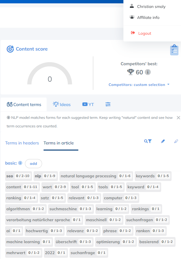 NeuronWriter Startseite nach der Analyse meiner Keywords. 
